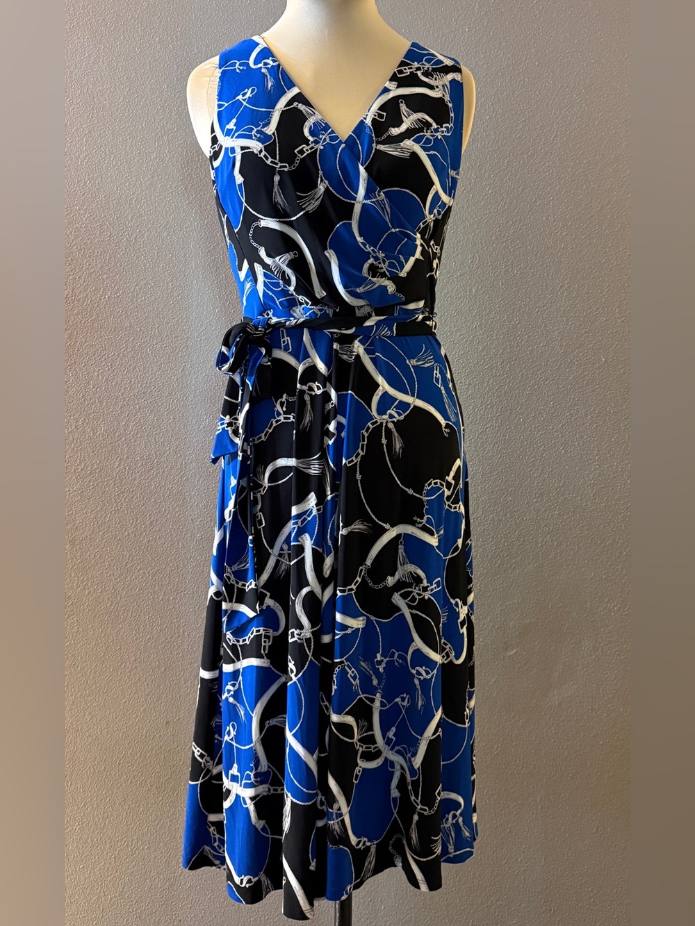 Lauren Ralph Lauren Blue & Black Chain-Print Faux Wrap Dress Fit & Flare Size 10